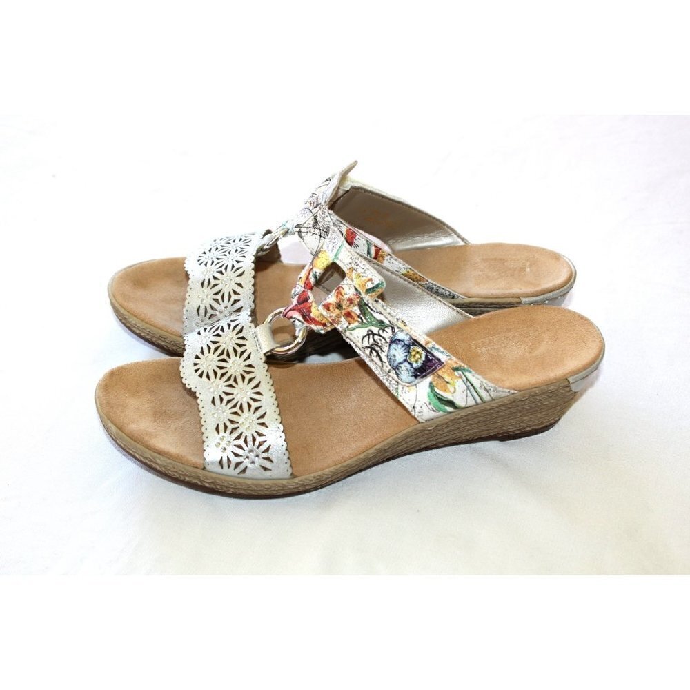 RIEKER Floral print white leather sandals Size 11 Slip On 62427-80 wedge hill